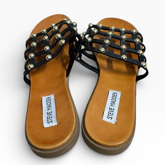 Steve Madden Skyler Black Studded Cage Slide Sandals Size 9 Gold Studs - Picture 4 of 9